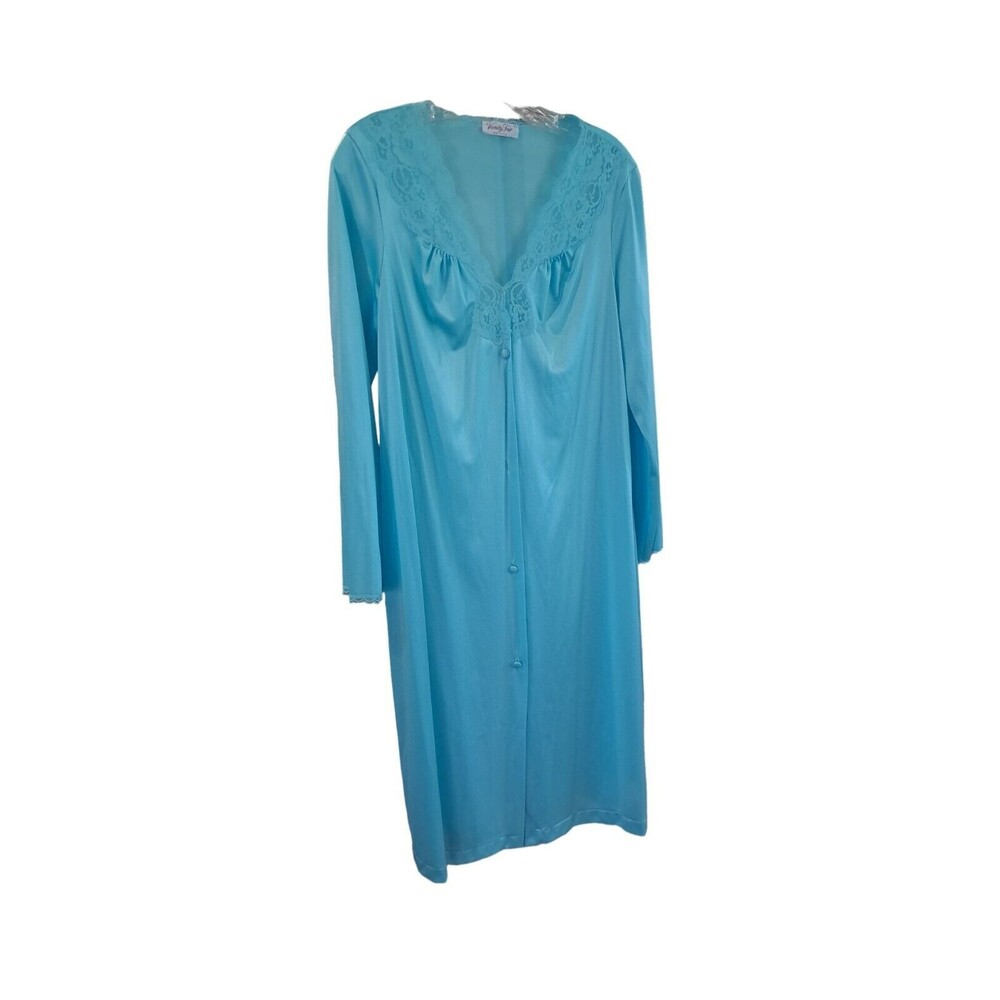 Vanity Fair‎ Nightgown Womens Turquoise (S) VTG Button Up Long Sleeve Satin Lace